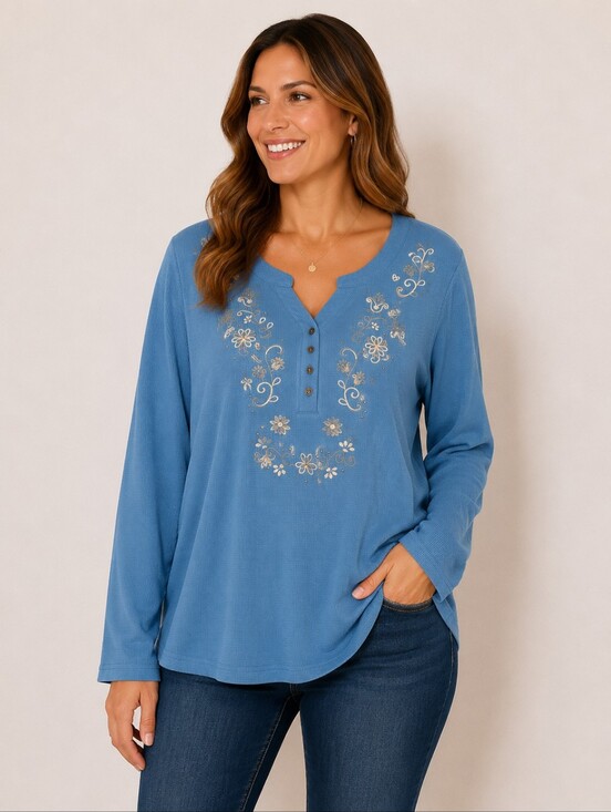 Blair Tops - BLAIR Blue Split neck Waffle knit Floral Embroidered Top SIZE XL